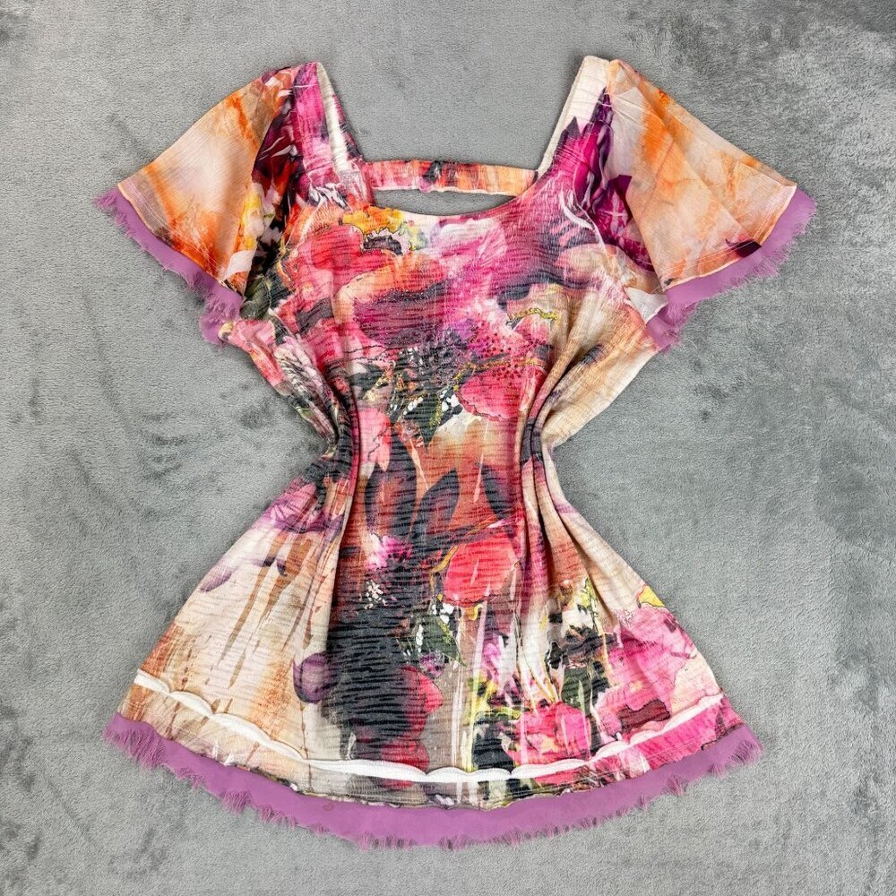 B.L.E.U Fairy Y2K Floral Tunic Cottagecore Rhinestones Womens S Pink Blouse Top